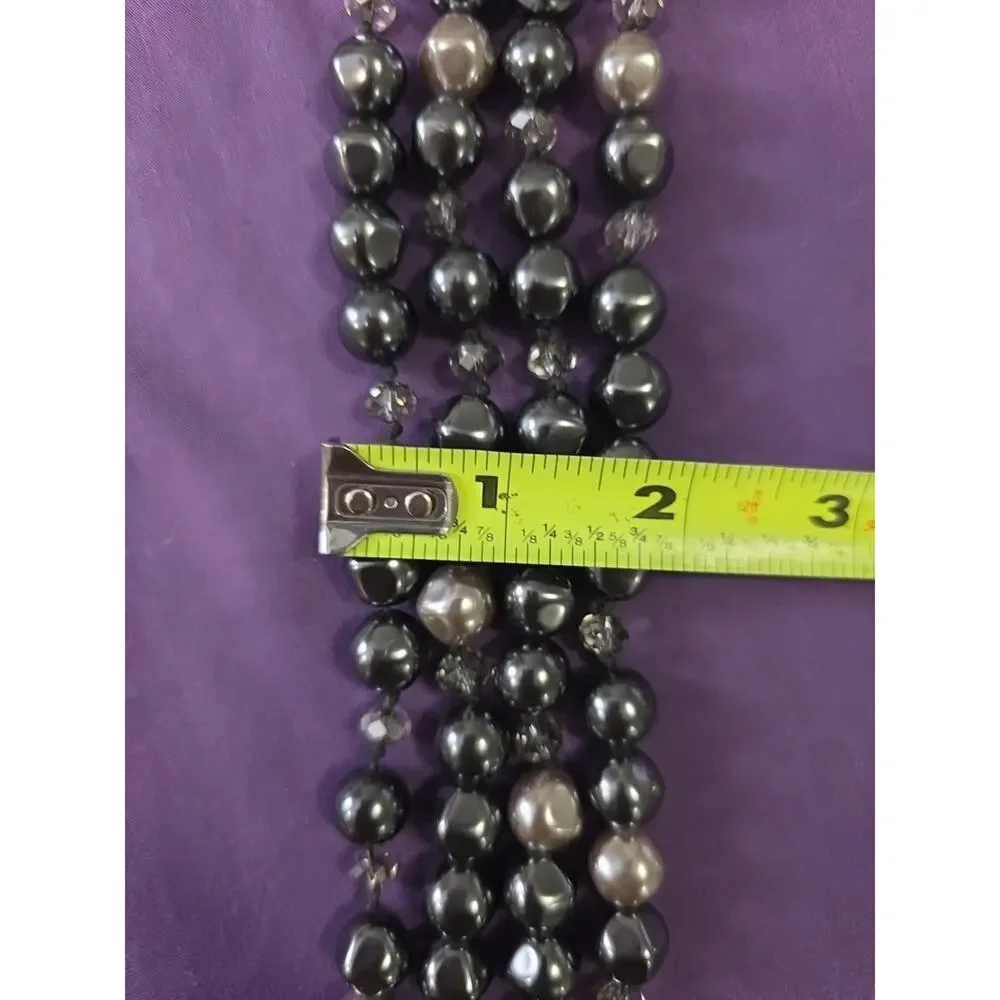 Chico's Signed Necklace Long 2 Layer Beaded Charcoal Silver Gunmetal Statement